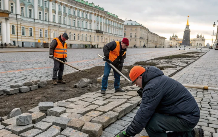 На Дворцовой площади Петербурга аккуратно заменяют повреждённые элементы брусчатки На Дворцовой площади Петербурга аккуратно заменяют повреждённые элементы брусчатки