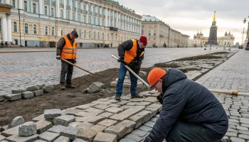 На Дворцовой площади Петербурга аккуратно заменяют повреждённые элементы брусчатки